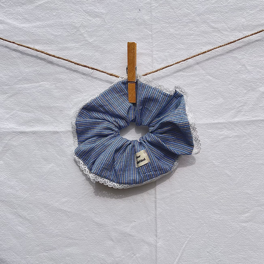 Chouchou XL - carreaux bleu - dentelle